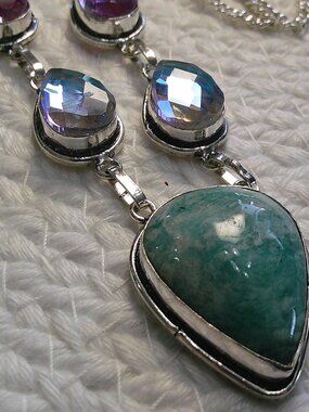 Gorgeous AMAZONITE & FIRE TOPAZ Handmade Sterling 925 Necklace Size 20" #698E